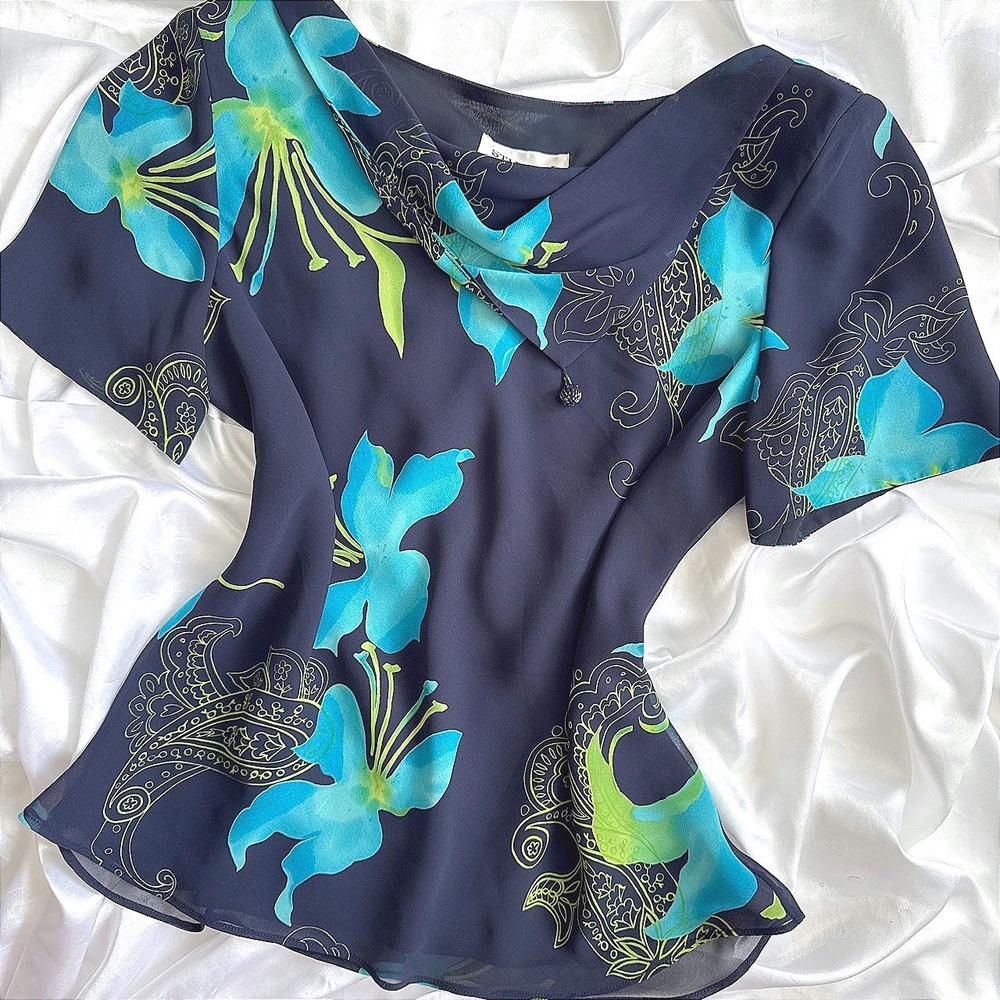 Studio I Navy Blue Turquoise Floral Paisley Cowl Neck Blouse Size 10